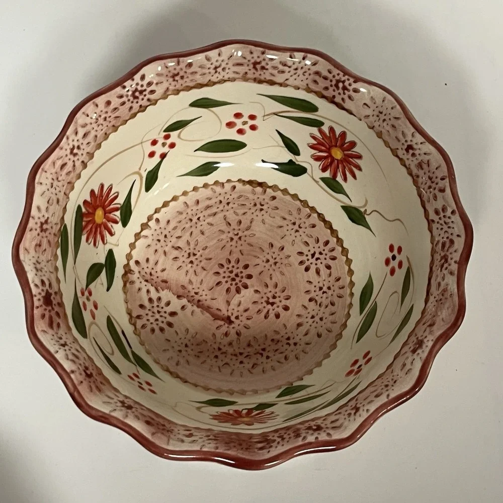 TEMP-TATIONS Heritage Red Old‎ World Floral Stoneware Soup BOWL SET